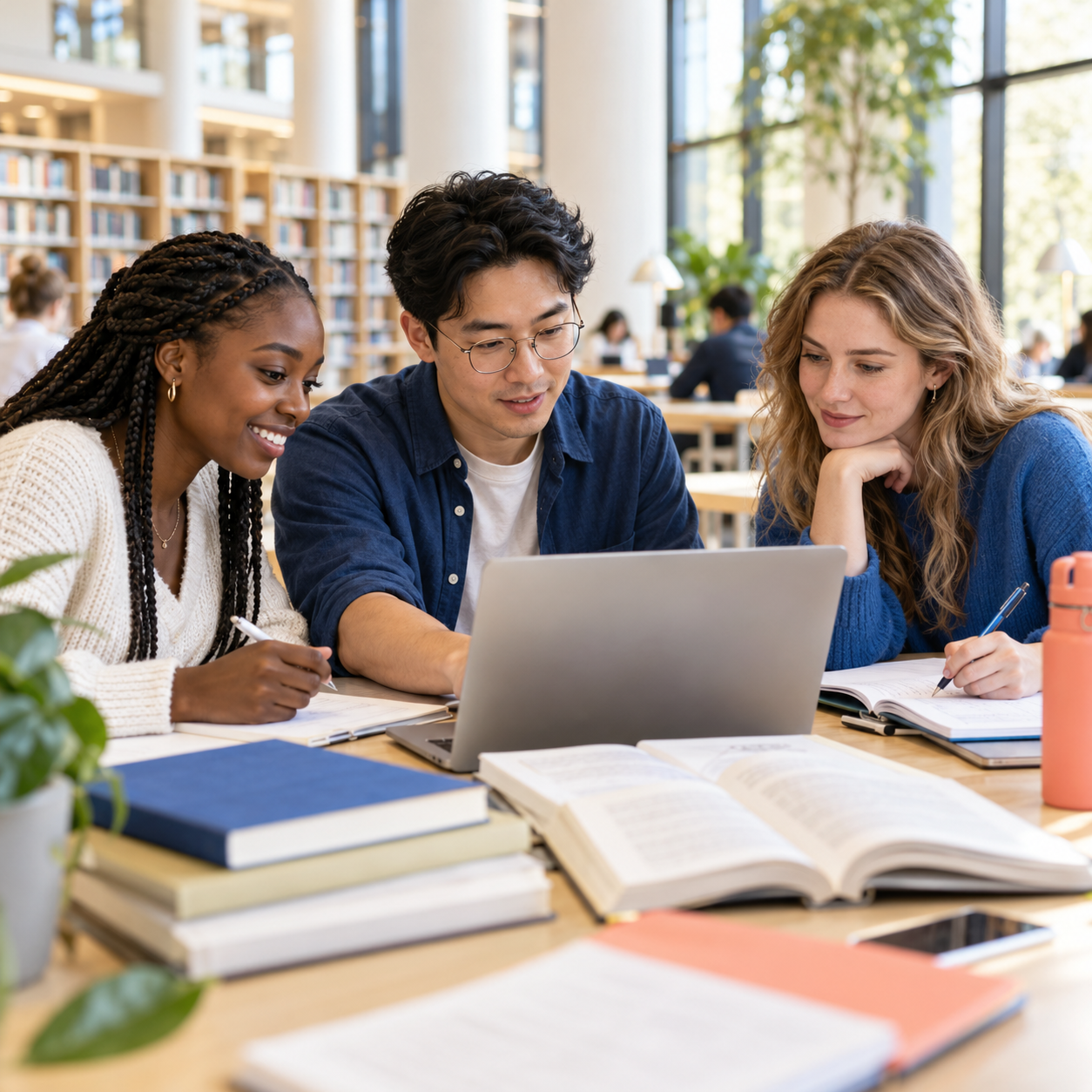 Illustration of adult learners sharing ideas around a laptop and open books in a bright library